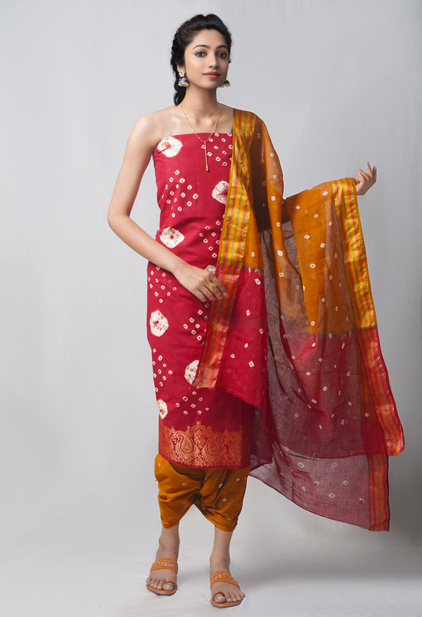 Unstitched Maroon-Ochre Pure Bandhani Cotton Salwar Kameez –PR8808