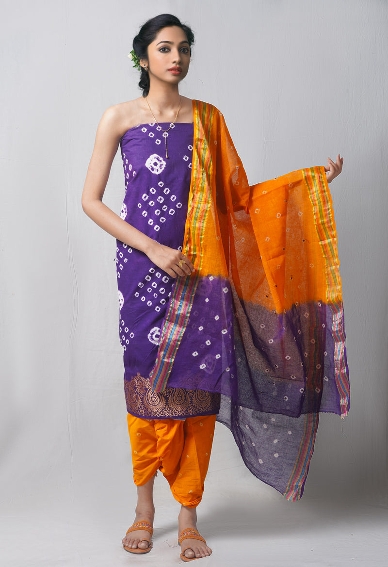 Unstitched Indigo-Orange Pure Bandhani Cotton Salwar Kameez –PR8809
