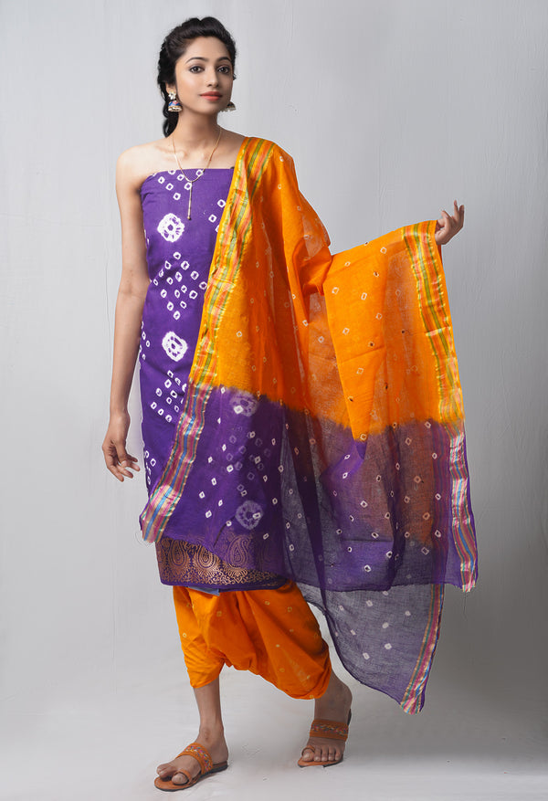 Unstitched Indigo-Orange Pure Bandhani Cotton Salwar Kameez –PR8809