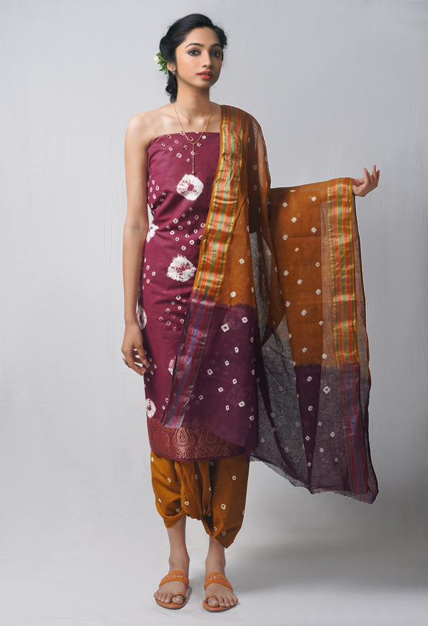 Unstitched Dark Brown-Ochre Pure Bandhani Cotton Salwar Kameez –PR8810
