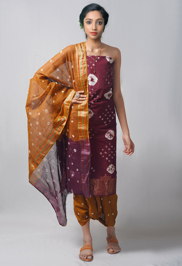 Online Shopping for Unstitched Dark Brown-Ochre Pure Bandhani Cotton Salwar Kameez –PR8810 with Tie and Dye Bandhani. from Rajastan at Unnatisilks.com India
