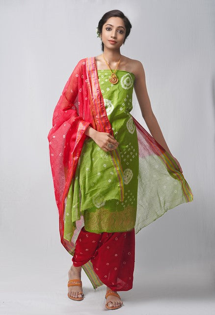 Unstitched Green-Red Pure Bandhani Cotton Salwar Kameez –PR8812