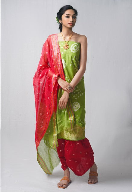 Unstitched Green-Red Pure Bandhani Cotton Salwar Kameez –PR8812