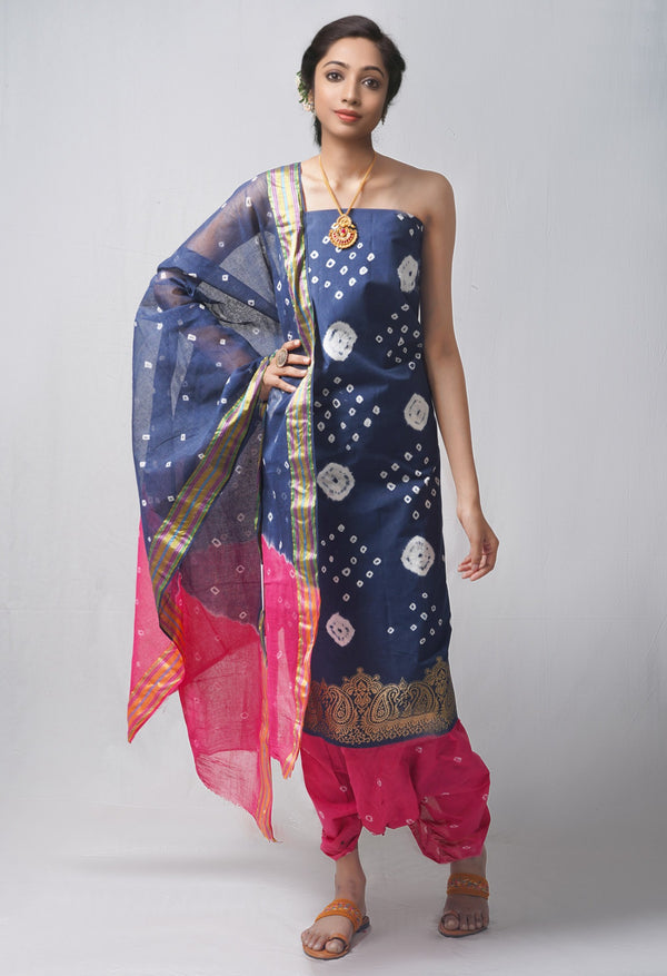 Unstitched Teal-Pink Pure Bandhani Cotton Salwar Kameez –PR8813