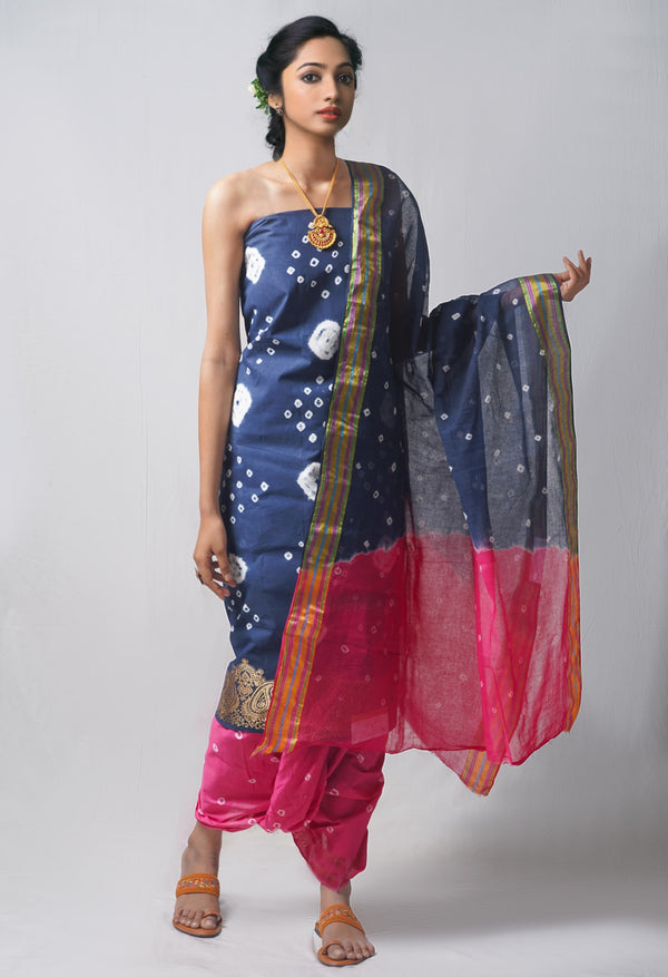 Online Shopping for Unstitched Teal-Pink Pure Bandhani Cotton Salwar Kameez –PR8813 with Tie and Dye Bandhani. from Rajastan at Unnatisilks.com India
