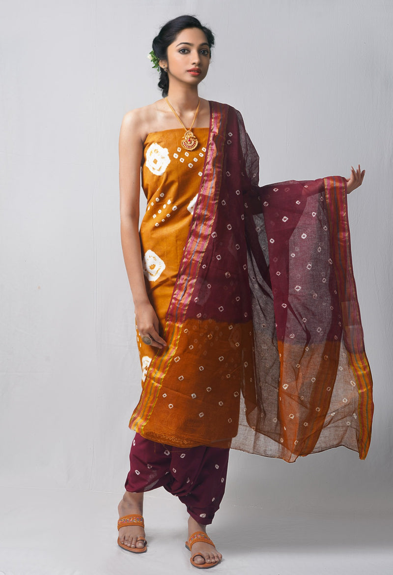Unstitched Ochre-Dark Purple Pure Bandhani Cotton Salwar Kameez –PR8814