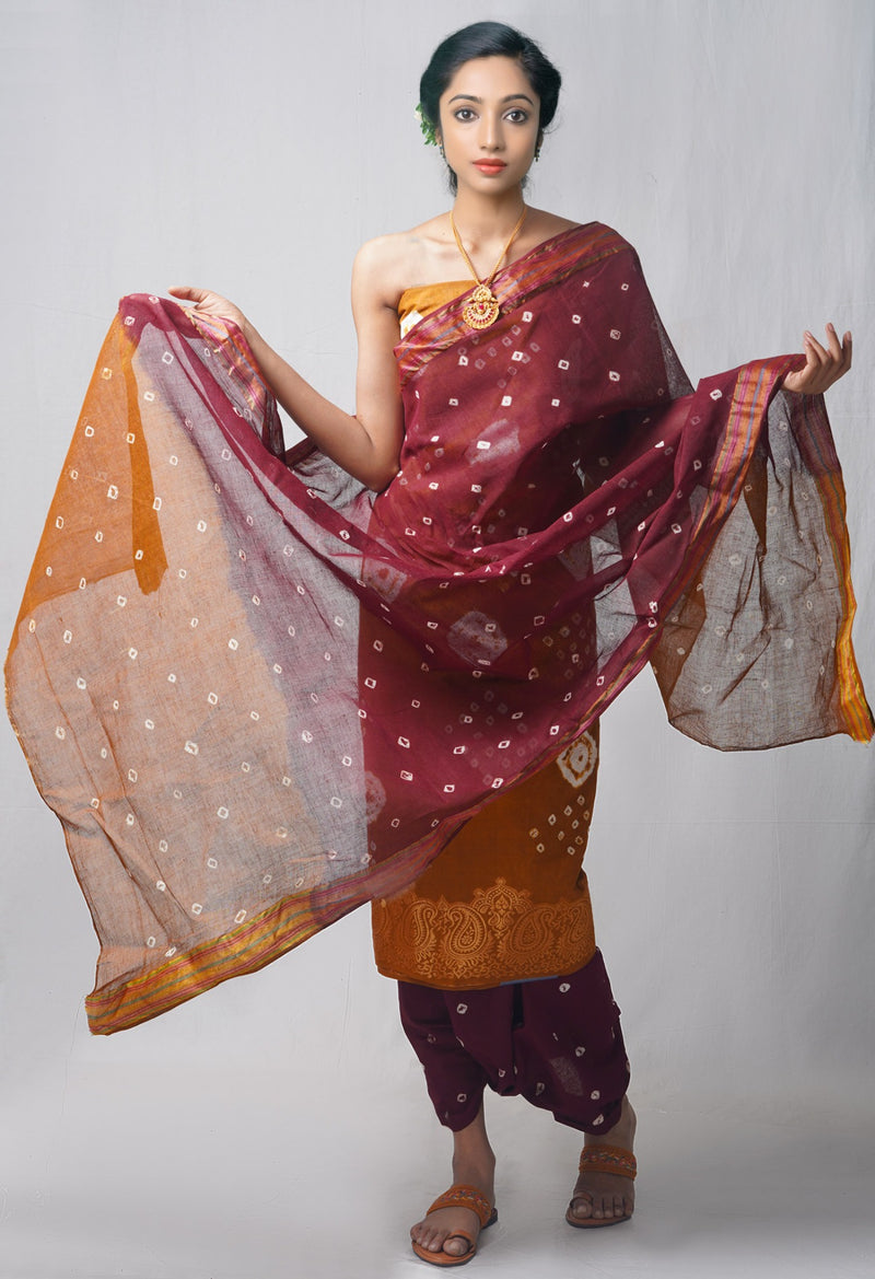 Online Shopping for  Unstitched Ochre-Dark Purple Pure Bandhani Cotton Salwar Kameez –PR8814 with Tie and Dye Bandhani. from Rajastan at Unnatisilks.com India
