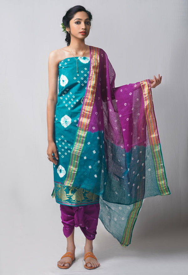 Unstitched Green-Purple Pure Bandhani Cotton Salwar Kameez –PR8815
