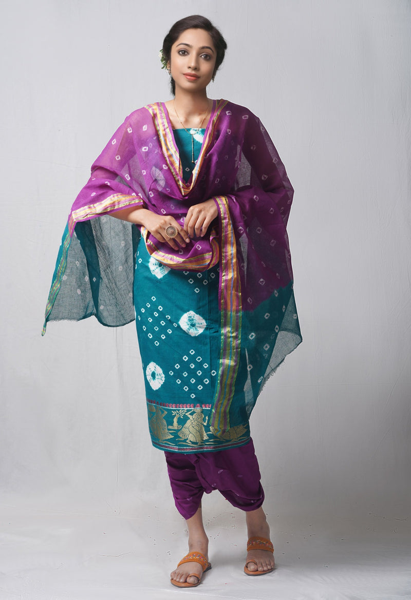 Online Shopping for Unstitched Green-Purple Pure Bandhani Cotton Salwar Kameez –PR8815 with Tie and Dye Bandhani. from Rajastan at Unnatisilks.com India
