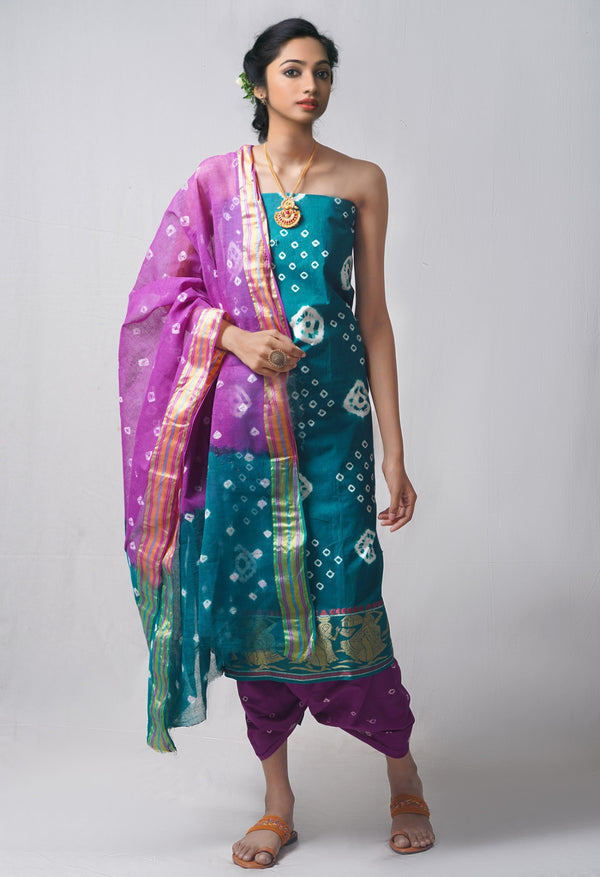 Unstitched Green-Purple Pure Bandhani Cotton Salwar Kameez –PR8816