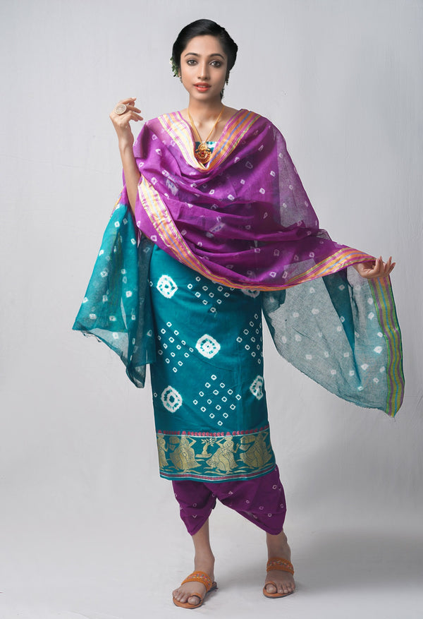 Online Shopping for Unstitched Green-Purple Pure Bandhani Cotton Salwar Kameez –PR8816 with Tie and Dye Bandhani. from Rajastan at Unnatisilks.com India

