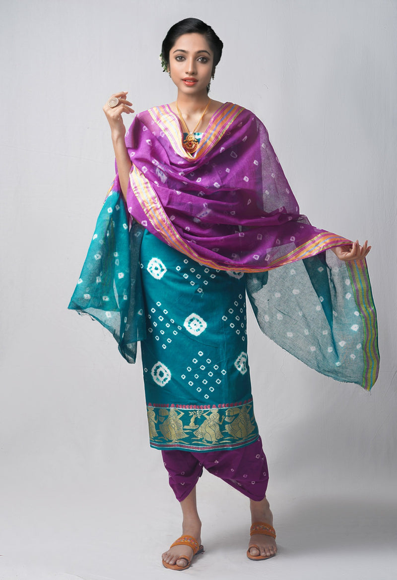 Online Shopping for Unstitched Green-Purple Pure Bandhani Cotton Salwar Kameez –PR8816 with Tie and Dye Bandhani. from Rajastan at Unnatisilks.com India
