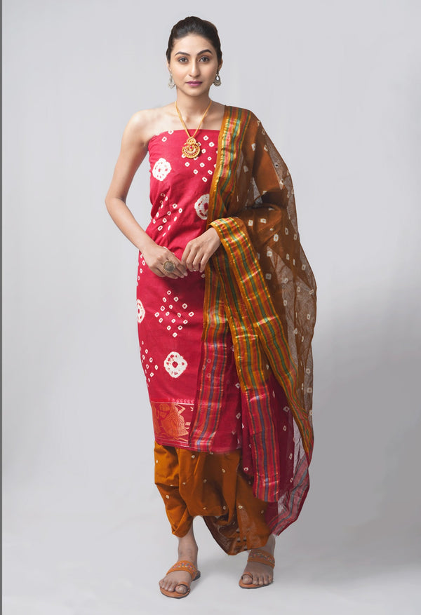 Unstitched Maroon-Ochre Pure Bandhani Cotton Salwar Kameez –PR8819
