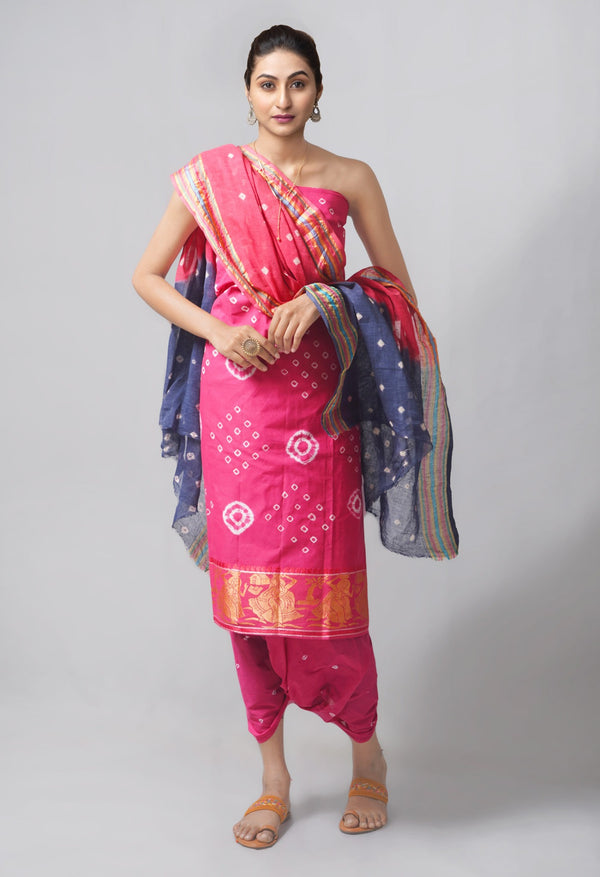 Online Shopping for Unstitched Pink-Teal Pure Bandhani Cotton Salwar Kameez –PR8817 with Tie and Dye Bandhani from Rajasthan at Unnatisilks.com India
