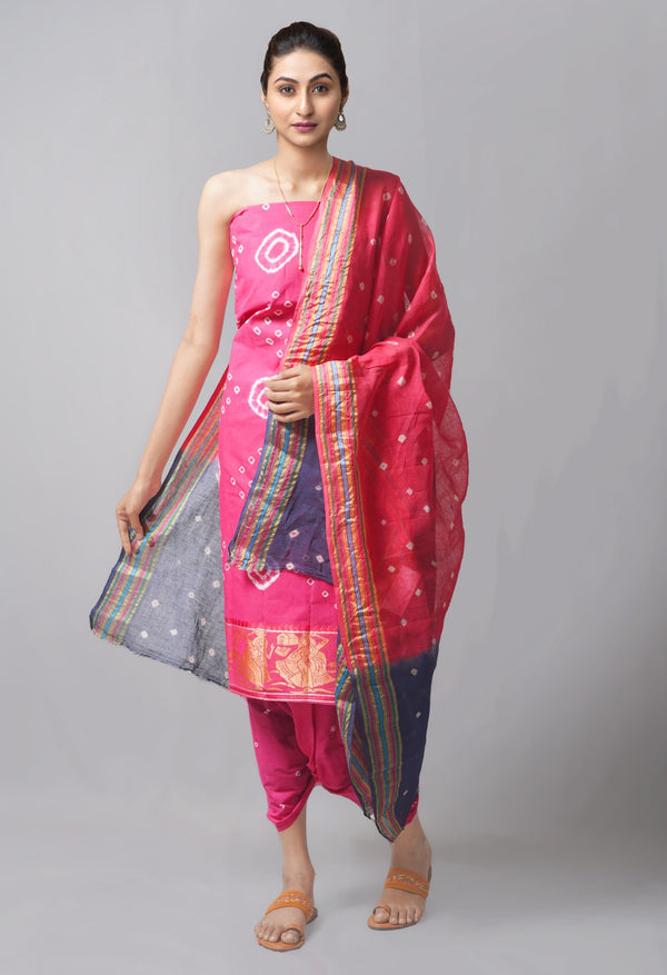 Online Shopping for Unstitched Pink-Teal Pure Bandhani Cotton Salwar Kameez –PR8817 with Tie and Dye Bandhani from Rajasthan at Unnatisilks.com India
