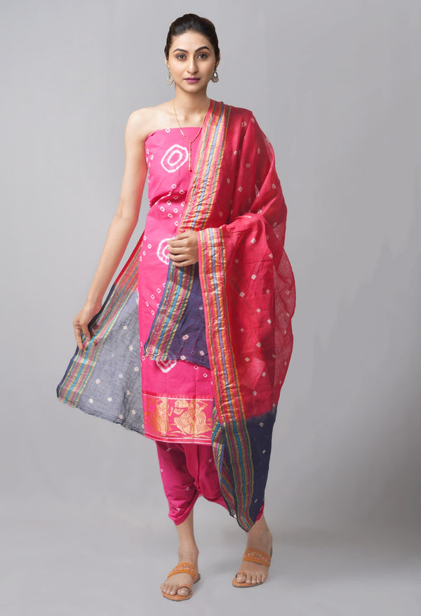 Online Shopping for Unstitched Pink-Teal Pure Bandhani Cotton Salwar Kameez –PR8817 with Tie and Dye Bandhani from Rajasthan at Unnatisilks.com India

