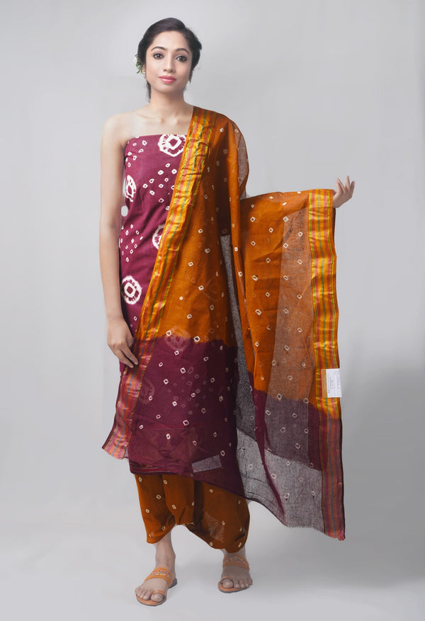 Online Shopping for Unstitched Maroon-Ochre Pure Bandhani Cotton Salwar Kameez –PR8818 with Tie and Dye Bandhani from Rajasthan at Unnatisilks.com India
