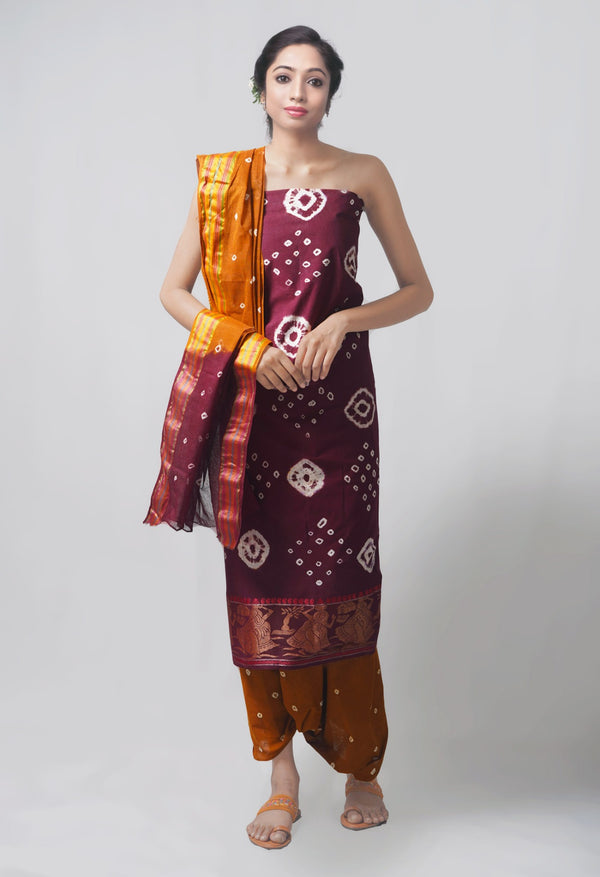 Online Shopping for Unstitched Maroon-Ochre Pure Bandhani Cotton Salwar Kameez –PR8818 with Tie and Dye Bandhani from Rajasthan at Unnatisilks.com India
