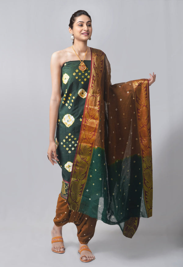 Unstitched Dark Green-Ochre Pure Bandhani Cotton Salwar Kameez –PR8820