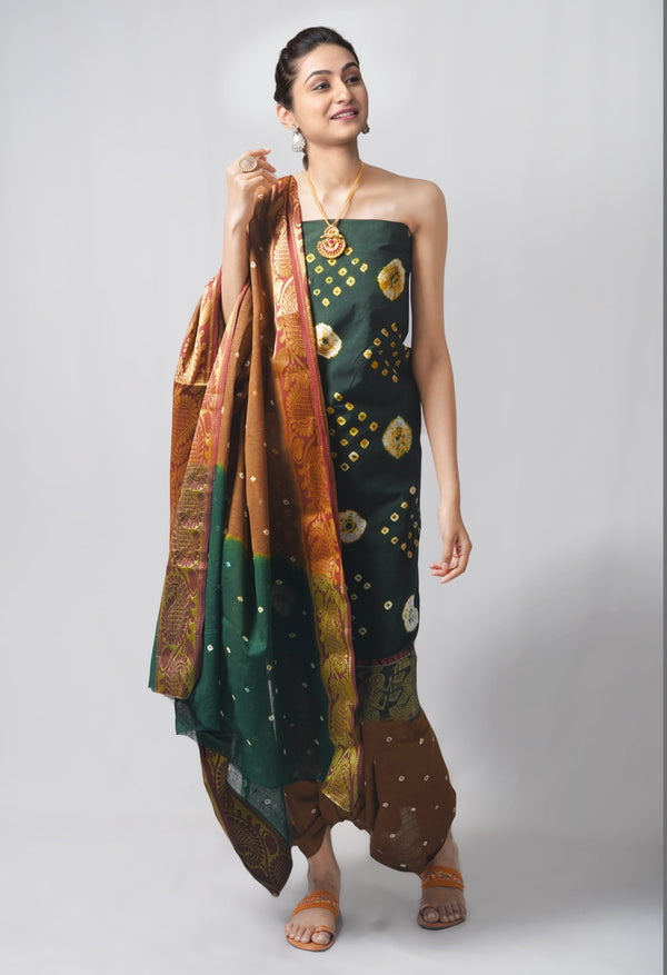 Online Shopping for Unstitched Maroon-Ochre Pure Bandhani Cotton Salwar Kameez –PR8820 with Tie and Dye Bandhani from Rajasthan at Unnatisilks.com India
