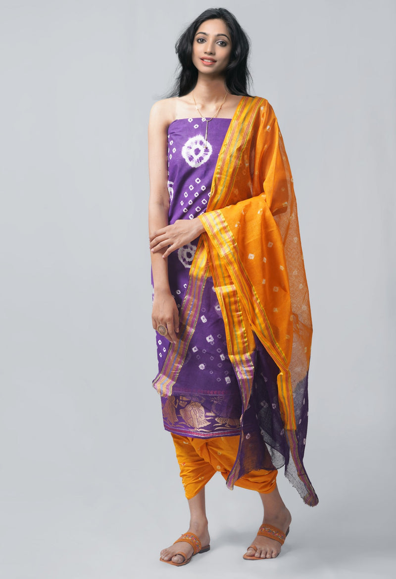 Online Shopping for Unstitched Indigo-Orange Pure Bandhani Cotton Salwar Kameez –PR8827 with Tie and Dye Bandhani. from Rajastan at Unnatisilks.com India
