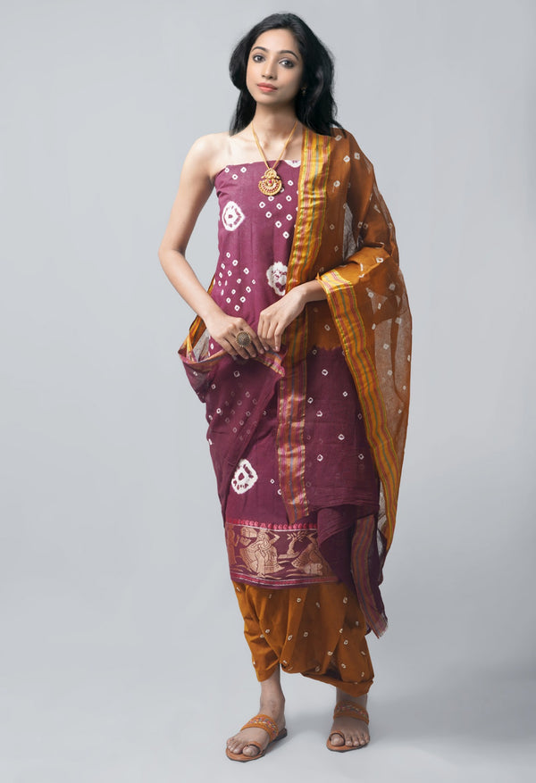Online Shopping for Unstitched Dark Brown-Ochre Pure Bandhani Cotton Salwar Kameez –PR8828 with Tie and Dye Bandhani. from Rajastan at Unnatisilks.com India
