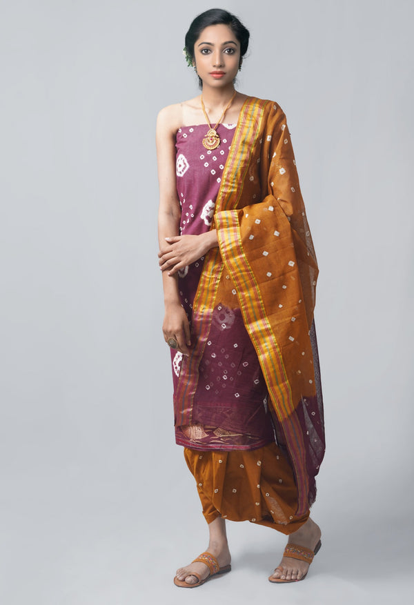 Unstitched Dark Brown-Ochre Pure Bandhani Cotton Salwar Kameez –PR8828