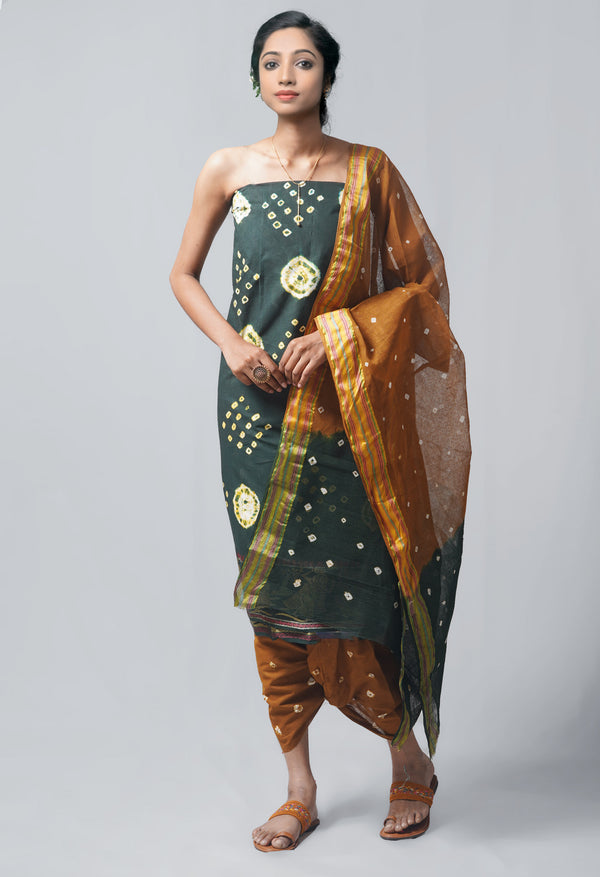 Unstitched Dark Green-Ochre Pure Bandhani Cotton Salwar Kameez –PR8830