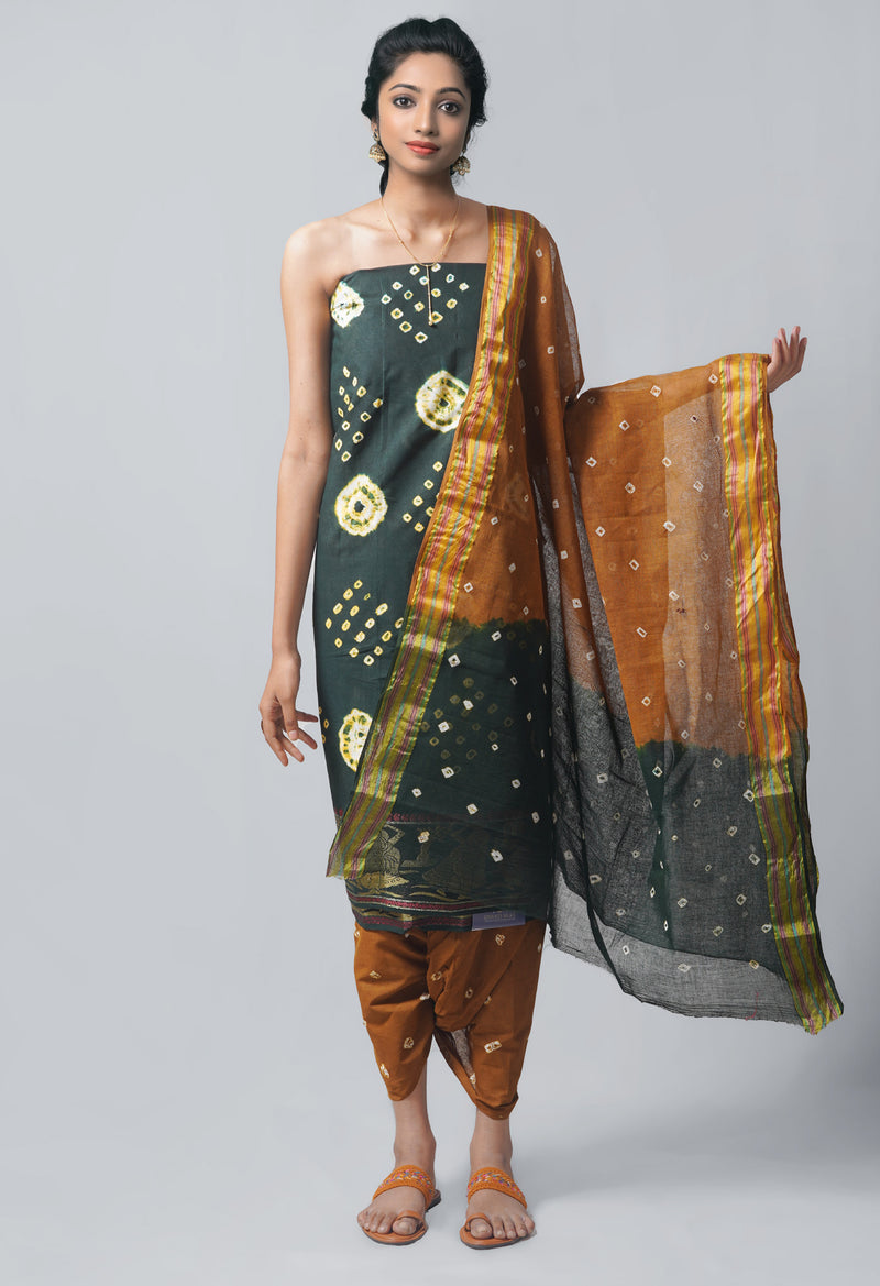 Unstitched Dark Green-Ochre Pure Bandhani Cotton Salwar Kameez –PR8830