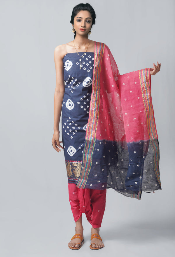 Unstitched Teal-Pink Pure Bandhani Cotton Salwar Kameez –PR8831