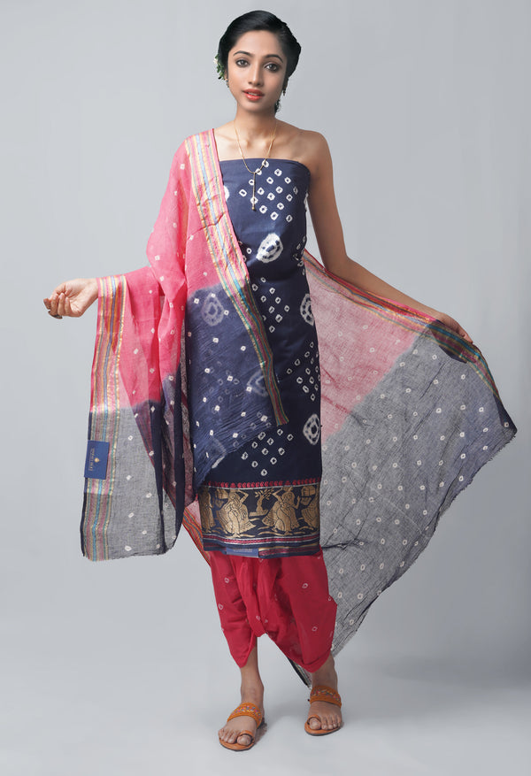 Unstitched Teal-Pink Pure Bandhani Cotton Salwar Kameez –PR8831