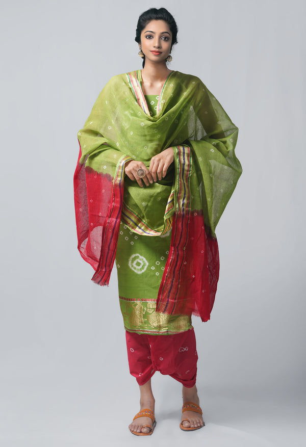 Unstitched Green-Red Pure Bandhani Cotton Salwar Kameez –PR8832