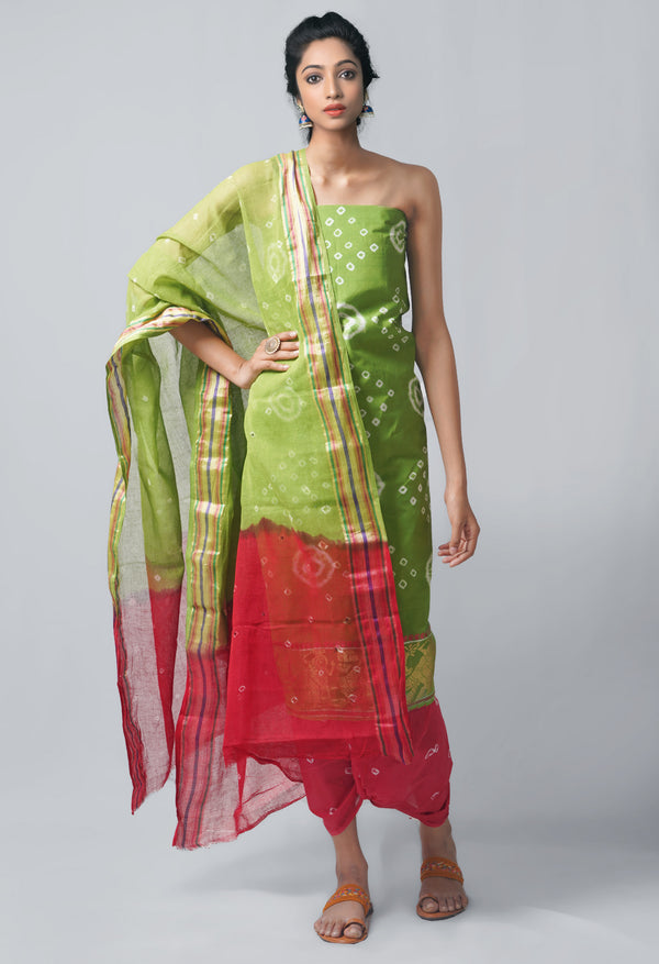 Unstitched Green-Red Pure Bandhani Cotton Salwar Kameez –PR8832