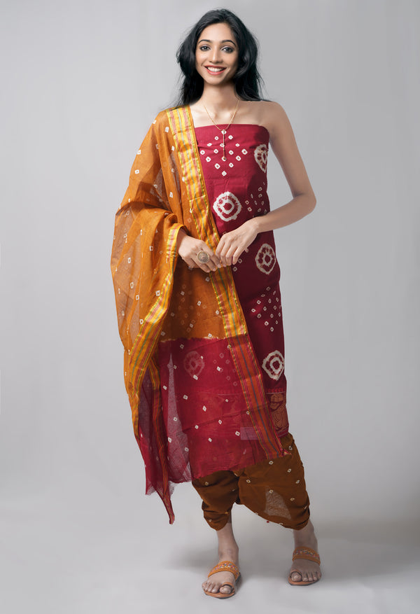 Unstitched Maroon-Ochre Pure Bandhani Cotton Salwar Kameez –PR8833