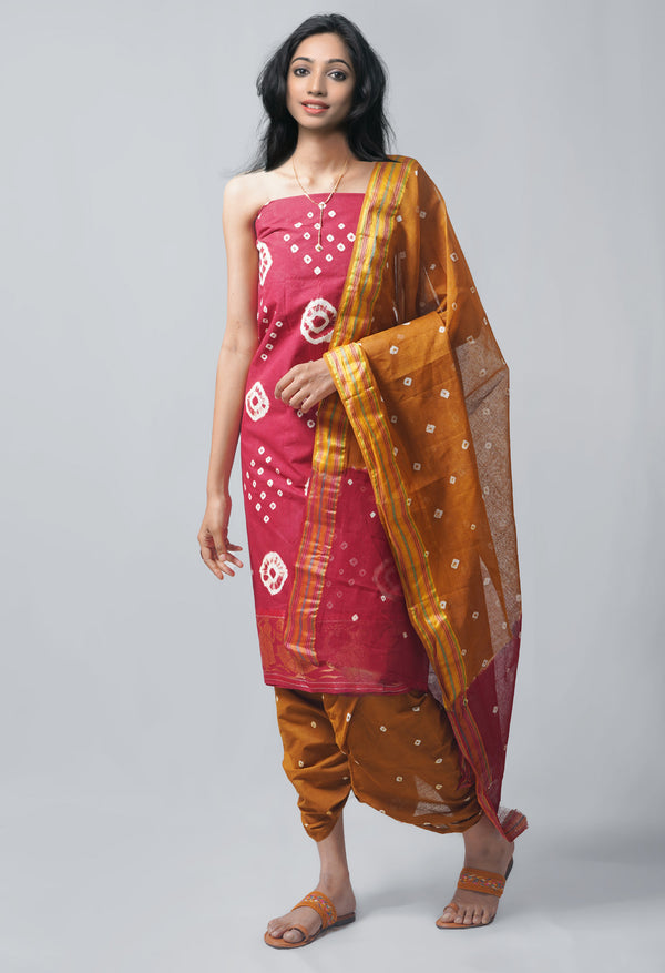 Unstitched Maroon-Ochre Pure Bandhani Cotton Salwar Kameez –PR8833