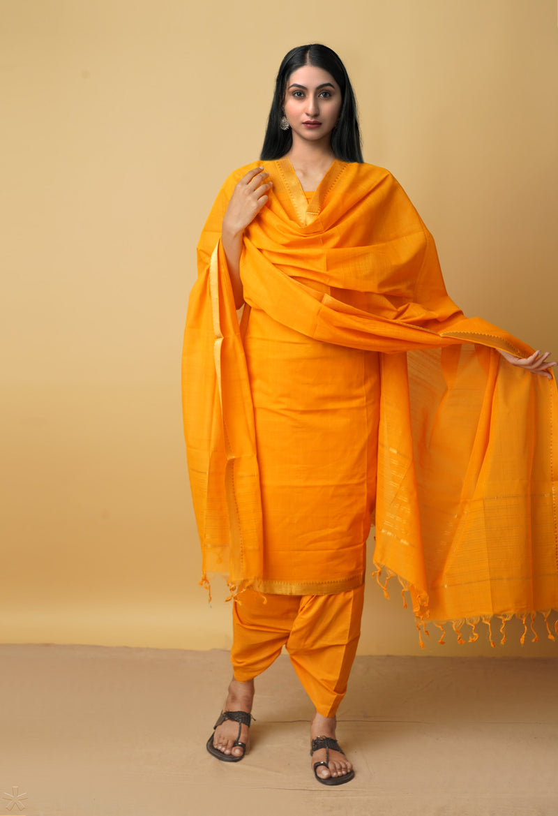 Unstitched Orange Pure Handloom Mangalagiri Cotton Salwar Kameez–PR8837