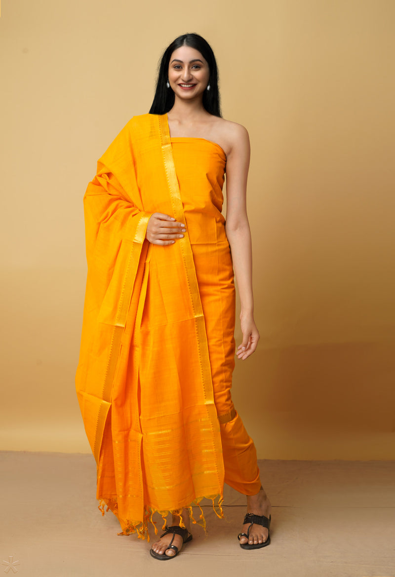 Unstitched Orange Pure Handloom Mangalagiri Cotton Salwar Kameez–PR8837