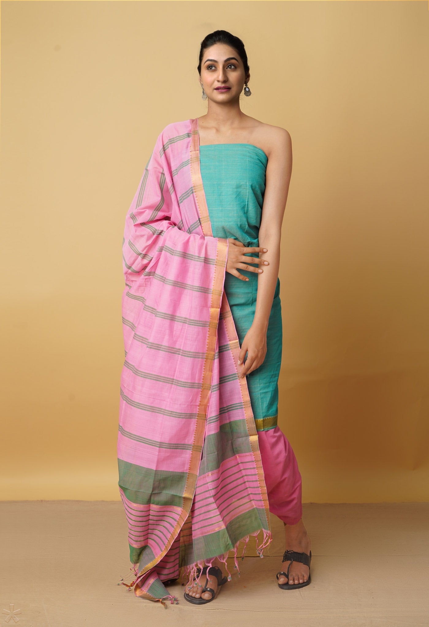 Unstitched Green-Pink Pure Handloom Mangalagiri Cotton Salwar Kameez–PR8838