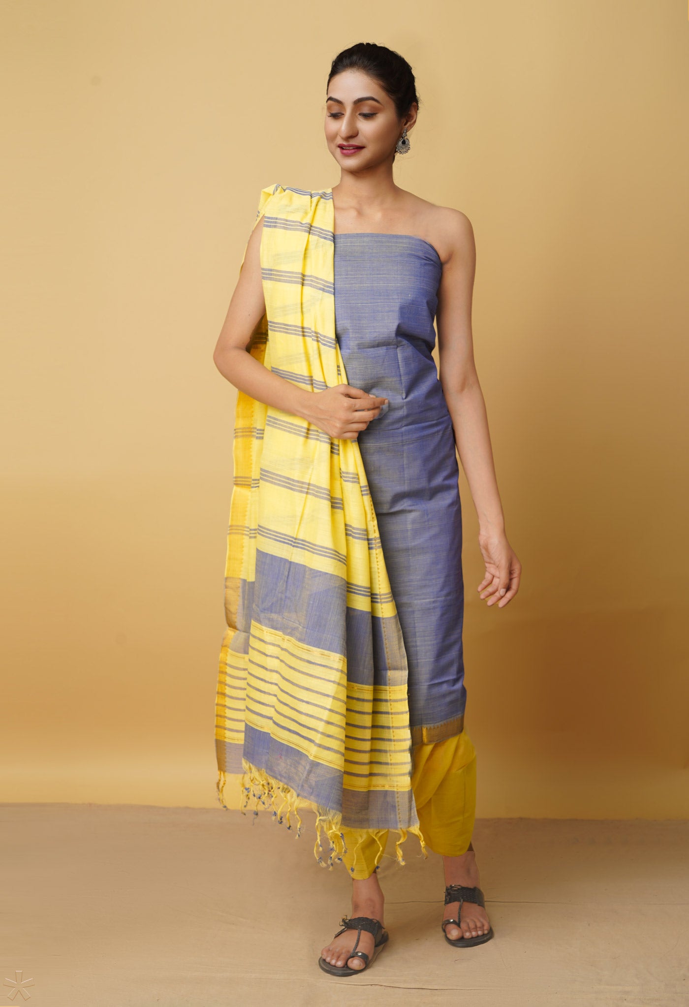Unstitched Blue-Yellow Pure Handloom Mangalagiri Cotton Salwar Kameez–PR8840
