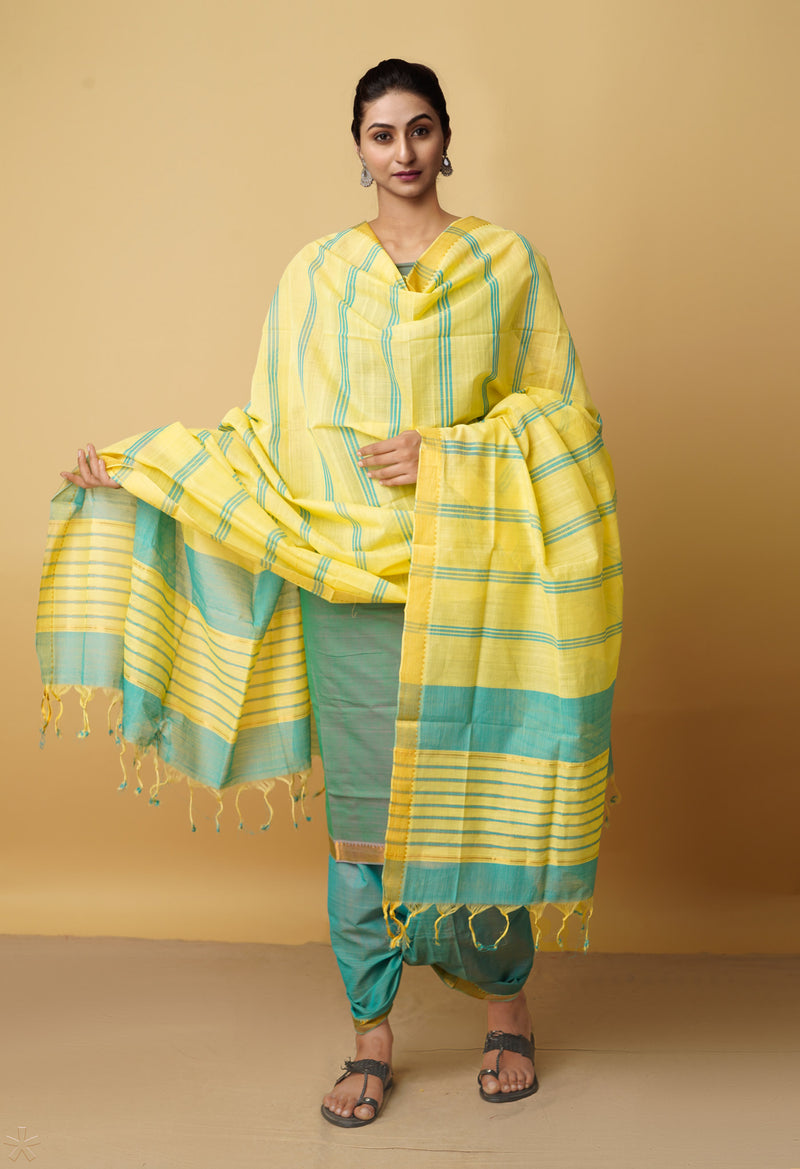 Unstitched Green-Yellow Pure Handloom Mangalagiri Cotton Salwar Kameez–PR8841