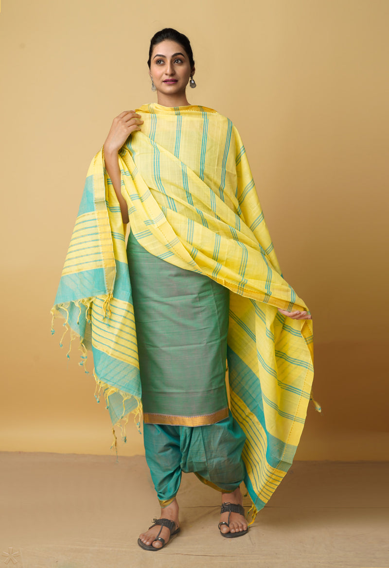 Unstitched Green-Yellow Pure Handloom Mangalagiri Cotton Salwar Kameez–PR8841