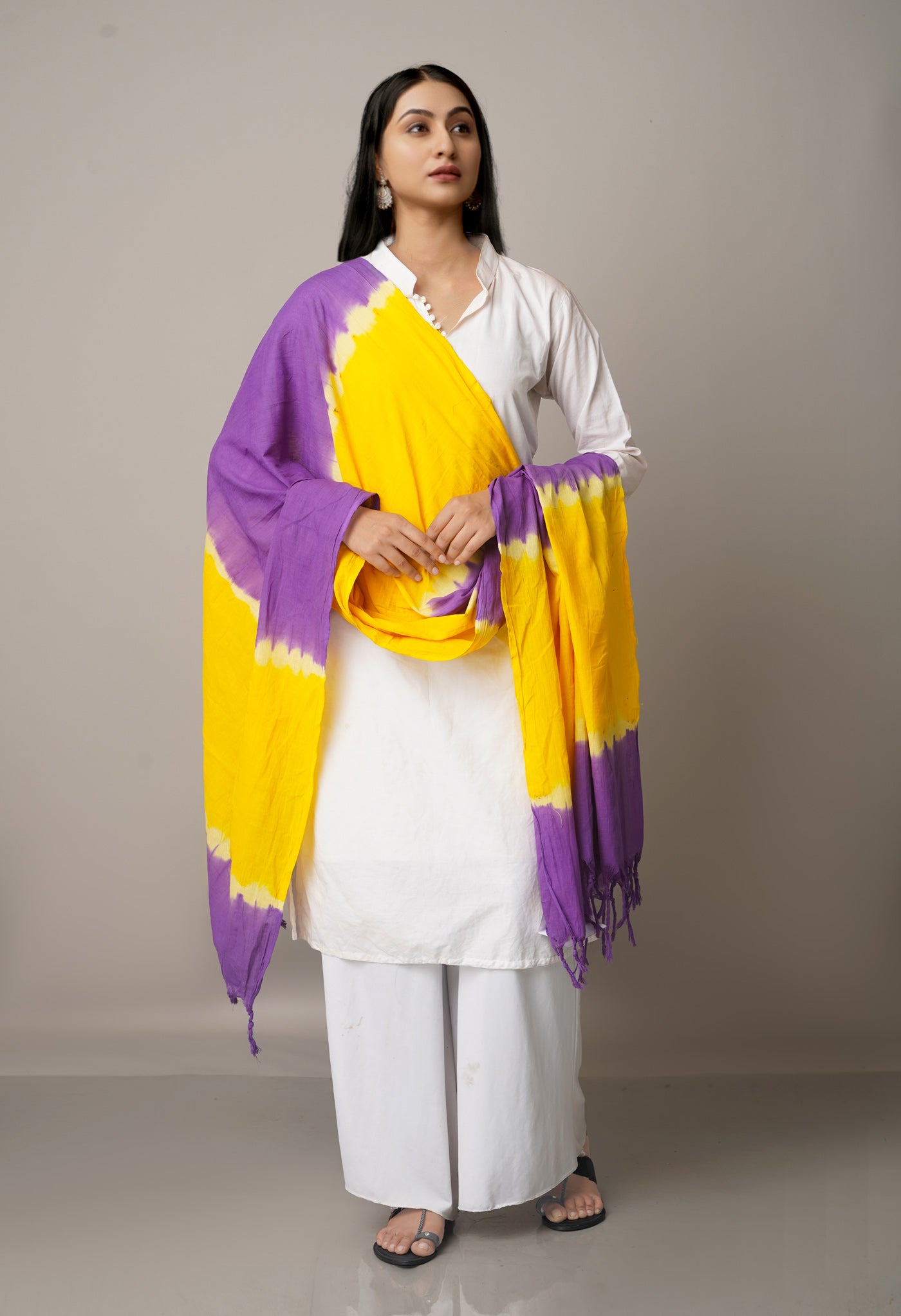 Yellow-Violet Pure Tie- Dye Shibori Cotton Dupatta-UDS3619