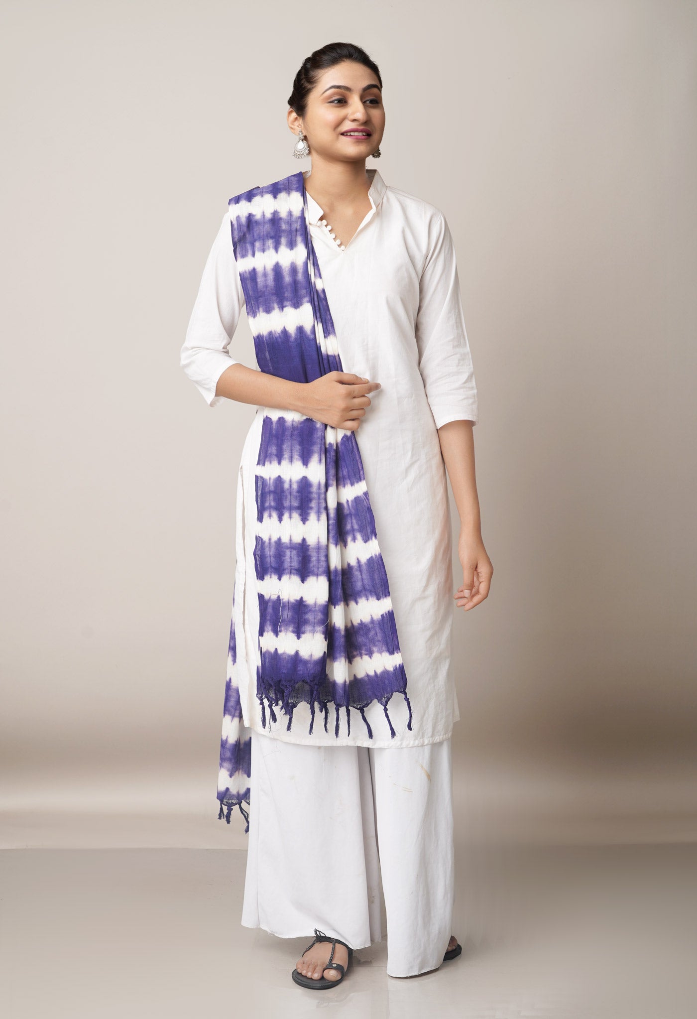 Navy Blue-White Pure Tie- Dye Shibori Cotton Dupatta-UDS3637