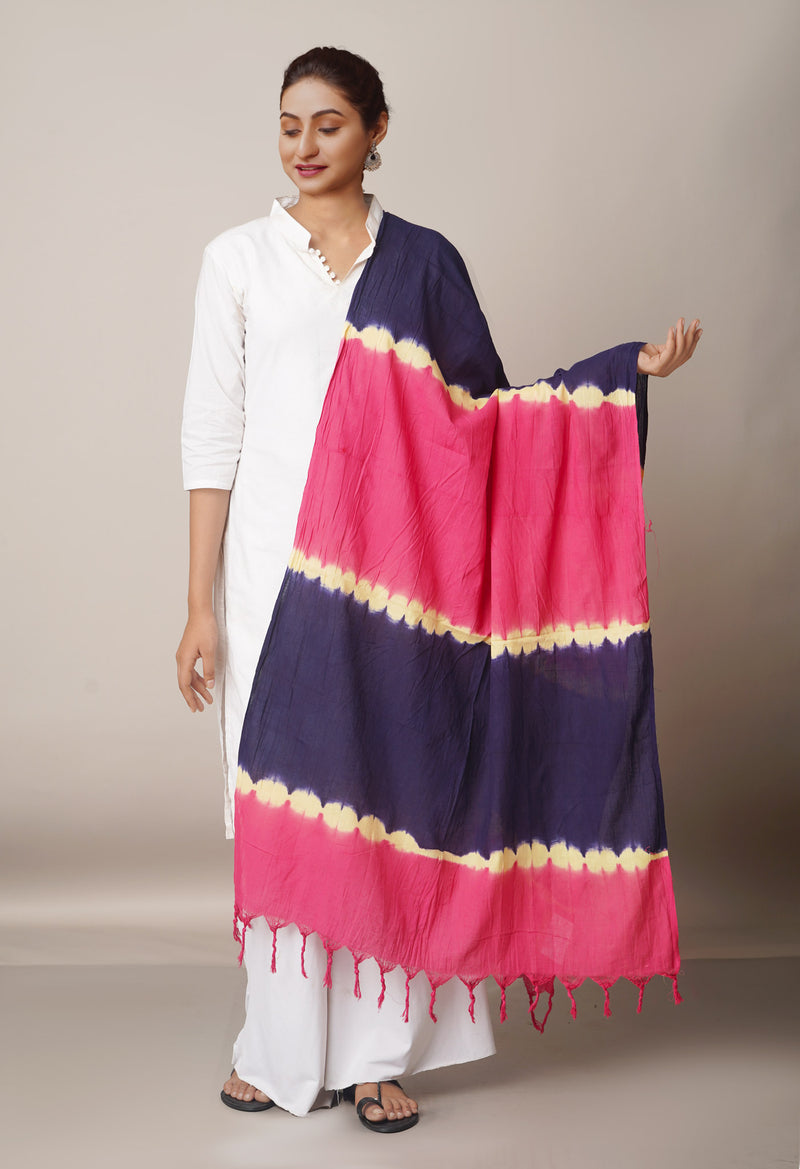 Pink-Navy Blue Pure Tie- Dye Shibori Cotton Dupatta-UDS3640
