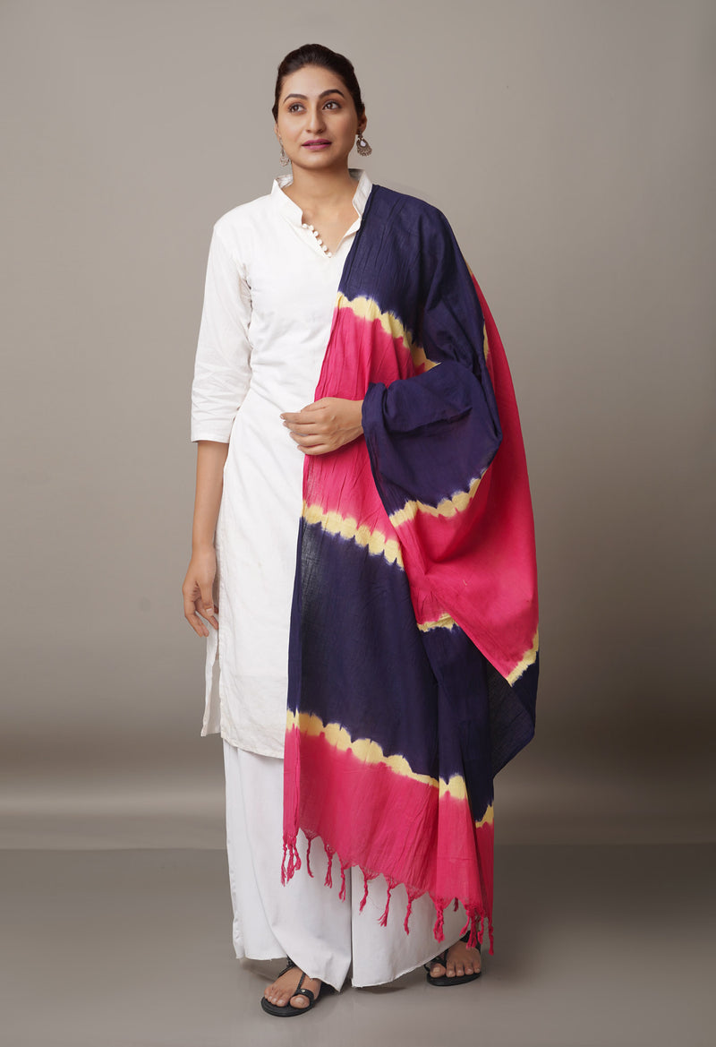 Pink-Navy Blue Pure Tie- Dye Shibori Cotton Dupatta-UDS3640