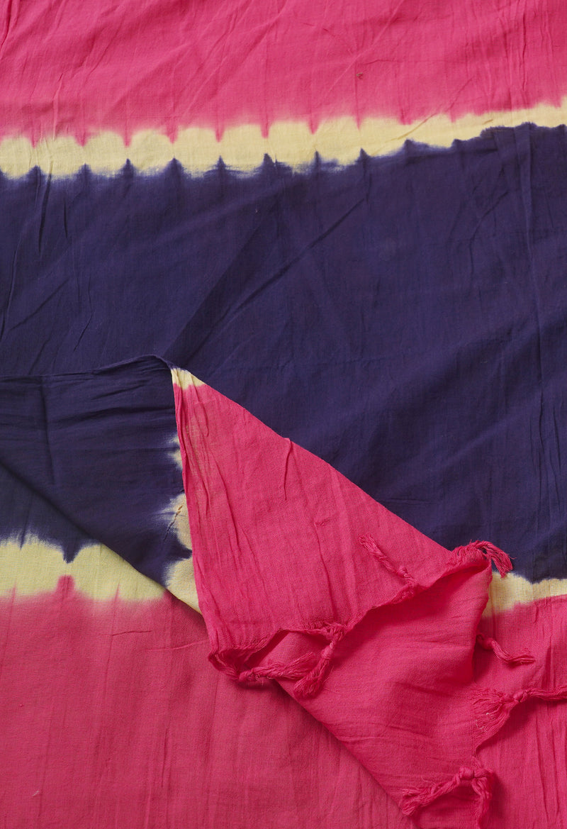 Pink-Navy Blue Pure Tie- Dye Shibori Cotton Dupatta-UDS3640