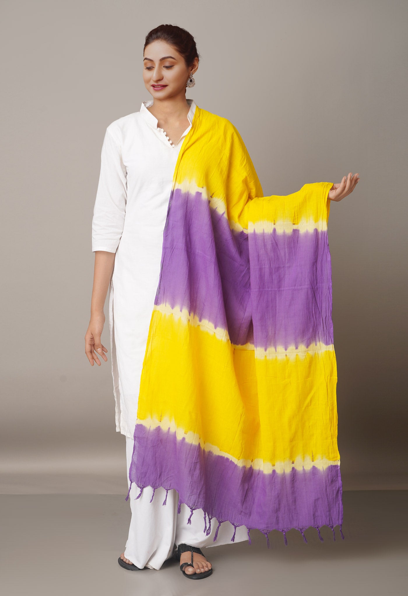 Yellow-Violet Pure Tie- Dye Shibori Cotton Dupatta-UDS3648