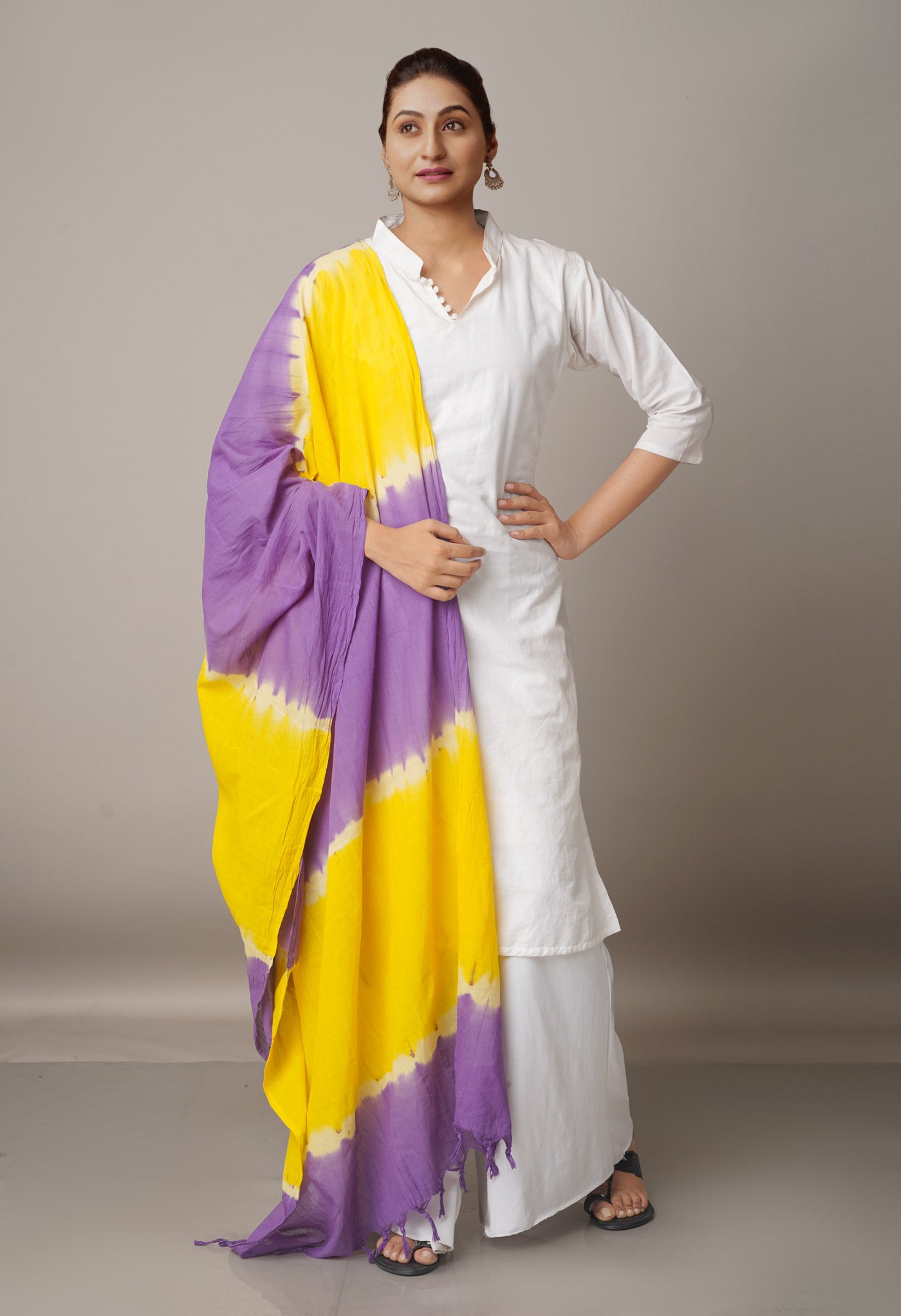 Yellow-Violet Pure Tie- Dye Shibori Cotton Dupatta-UDS3648