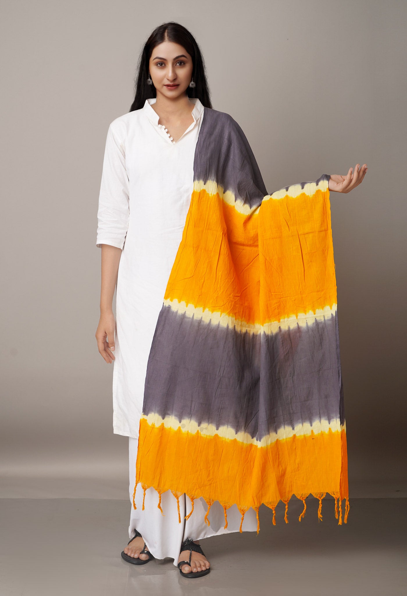 Grey-Mustard Yellow Pure Tie- Dye Shibori Cotton Dupatta-UDS3651