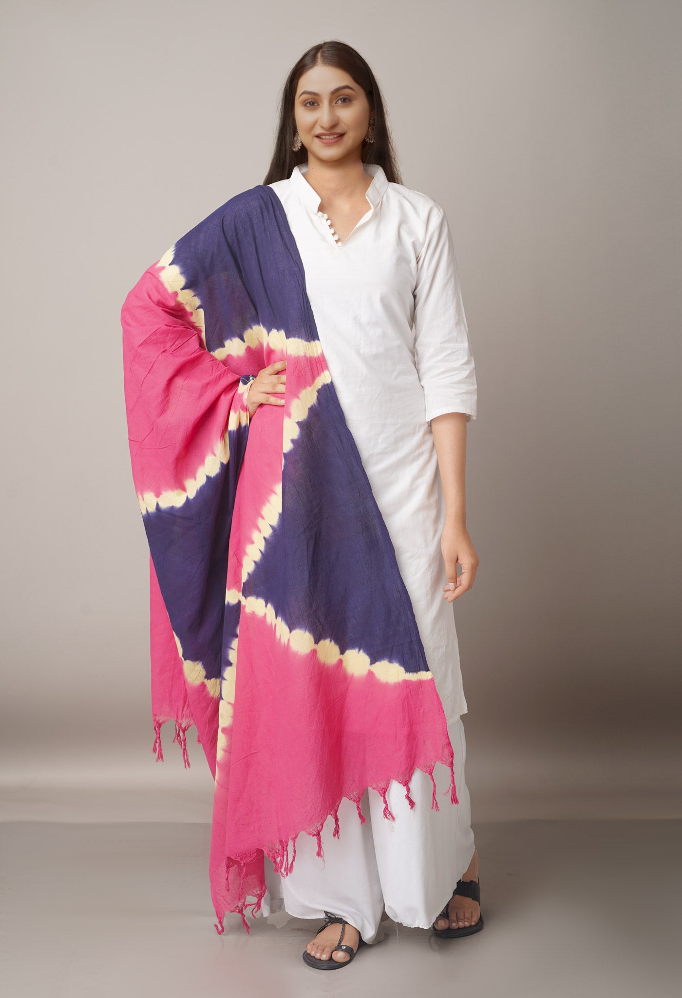 Pink-Navy Blue Pure Tie- Dye Shibori Cotton Dupatta-UDS3653